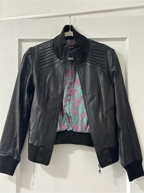 Danier Black Leather Bomber Jacket with Floral Lining